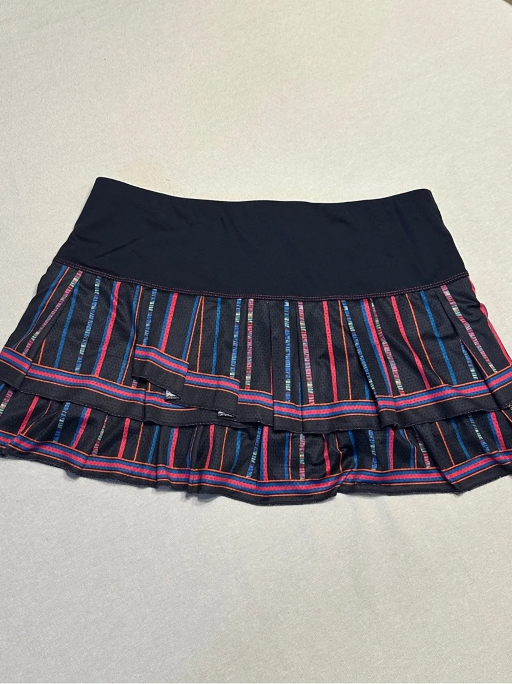Lucky in Love Black Athletic Skirt with Pink & Blue Stripe Ruffles